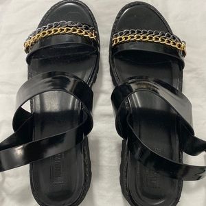 black platform leather strapped sandals